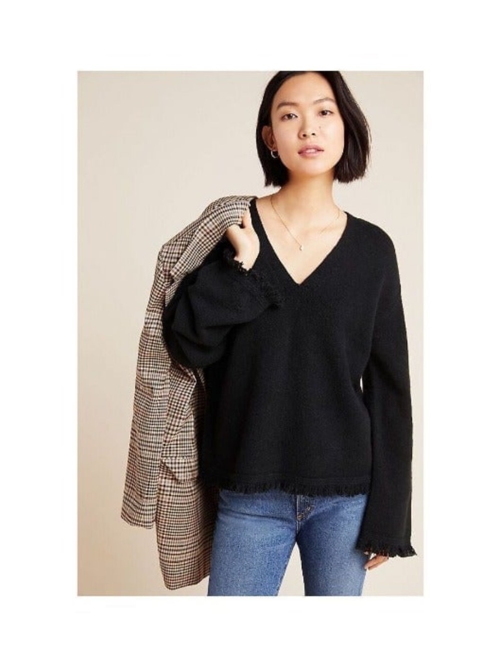 Anthropologie Joy Fringed V-Neck Sweater in true black Small